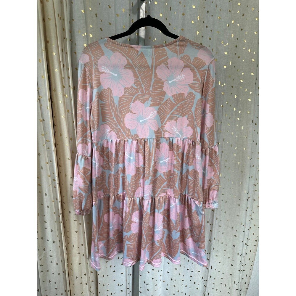 Ola Hou designs Hawaiian Hibiscus Bubble Sleeves Baby Doll Tiered Dress S - Picture 5 of 6